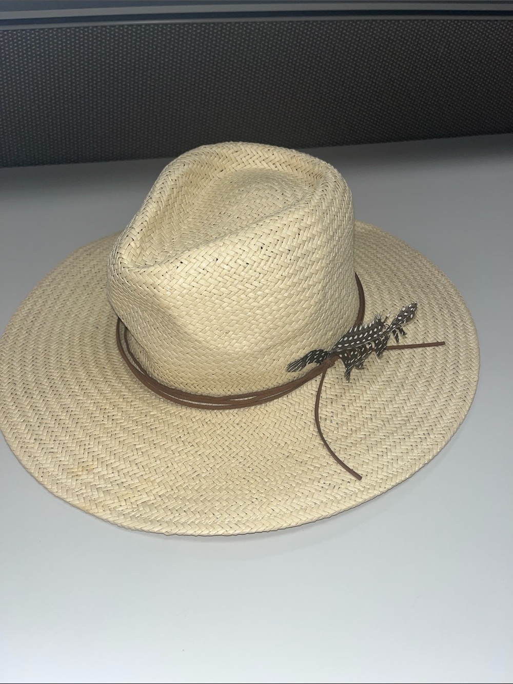 Peter Grimm Natural Straw Fedora with Brown Band and Feather